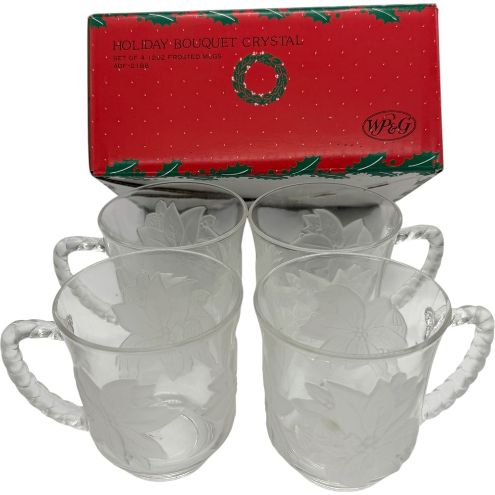 WP&G Holiday Bouquet Crystal Frosted Poinsettia Mugs Set of 4‎ 12oz Christmas